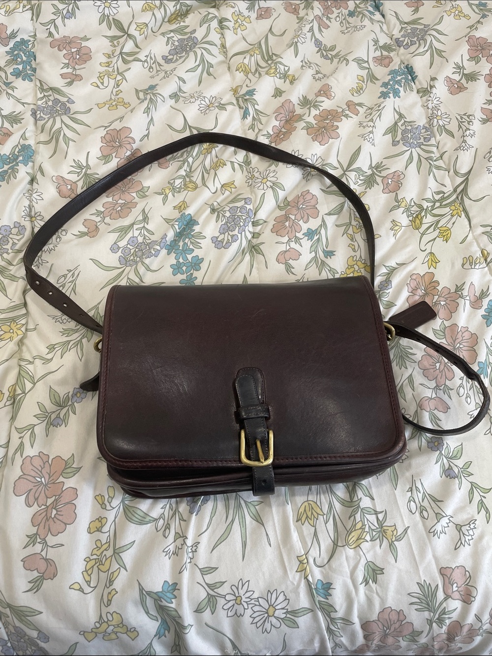 Coach Dark Brown Leather Bag Tag with Brass Chain